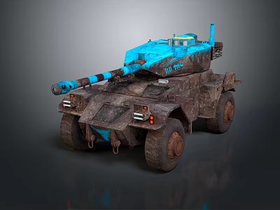 Blue And Brown Armored Military Vehicle With Cannon And Large Off Road Wheels 3d model