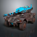Blue And Brown Armored Military Vehicle With Cannon And Large Off Road Wheels
