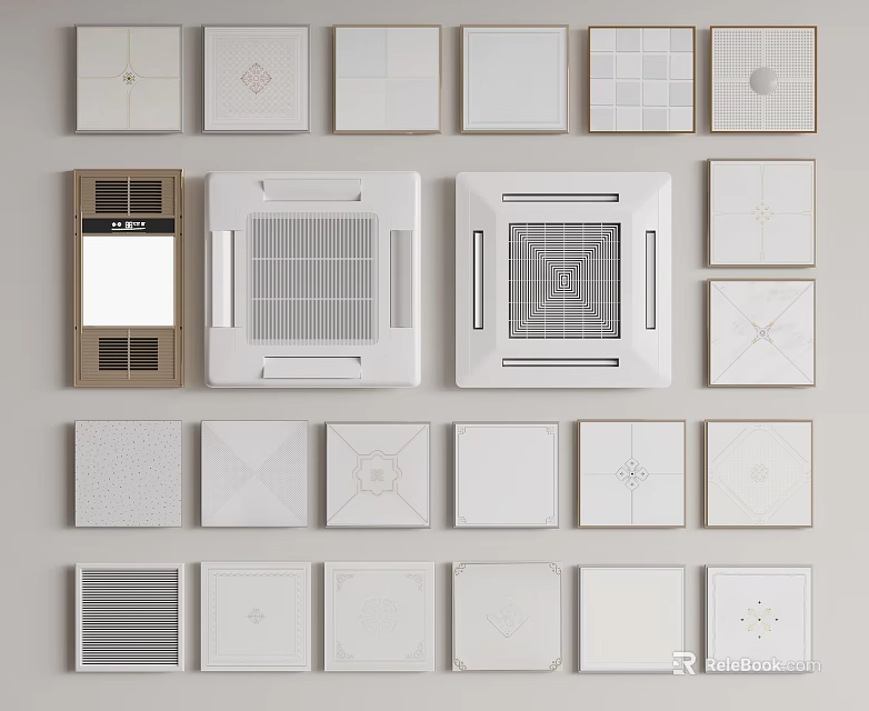 Various Ceiling Panels with Different Patterns Grilles and Lighting Features for Interior Design 3d model