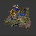 Idyllic Landscape With Small House Windmill Rocky Terrain Water Stream And Green Grass