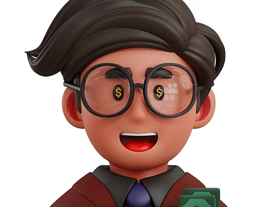 Man With Dollar Signs On Glasses Holding Green Money And Smiling Happily 3d model