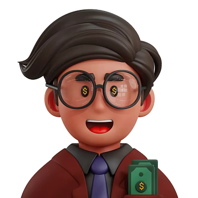 Man With Dollar Signs On Glasses Holding Green Money And Smiling Happily 3d model