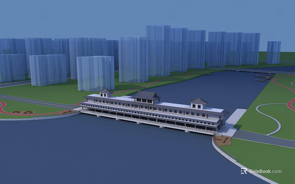 Traditional Style Waterfront Building With Urban Skyline And River View 3d model 