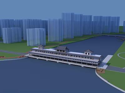 Traditional Style Waterfront Building With Urban Skyline And River View 3d model