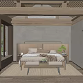 Minimalist Hotel Room With Wooden Ceiling Woven Headboard And Large Windows