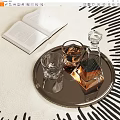 Elegant Barware Set With Decanter Glasses On Metal Tray And Open Book