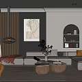 Modern Living Room Featuring Hanging Fireplace Abstract Painting Arched Bookshelf And White Sectional Sofa