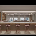 Modern Bar Interior With High Stools Large Windows Wooden Counter And Shelves