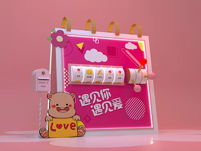 Interactive Zone With Pink Calendar Teddy Bear And LOVE Sign Decorations 3d model