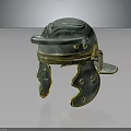 Ancient Decorative Helmet With Green And Gold Finish Ornate Cheek Guards And Riveted Details