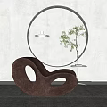 Unique Curved Brown Leisure Chair With Oval Cutouts Round Mirror Green Plant Gray Carpet