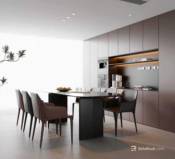 Modern Restaurant Interior With Gray Cabinets Black Dining Table And Warm Lighting 3d model 