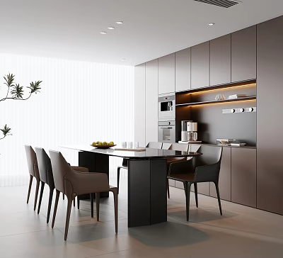 Modern Restaurant Interior With Gray Cabinets Black Dining Table And Warm Lighting 3d model