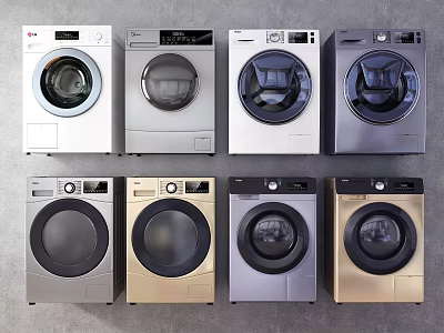 Front Load Washing Machines in Various Colors with Modern Design Arranged 3d model