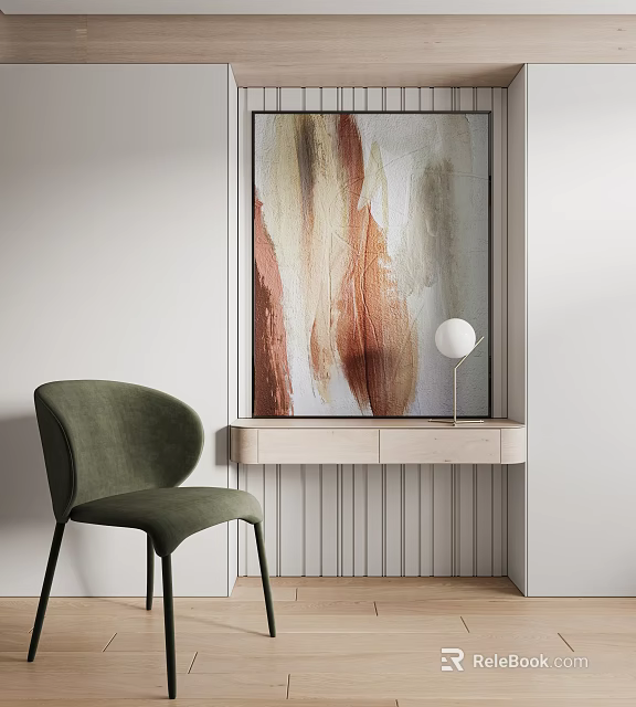 Stylish Room Corner With Green Velvet Chair Abstract Painting Console Table And Spherical Lamp 3d model 