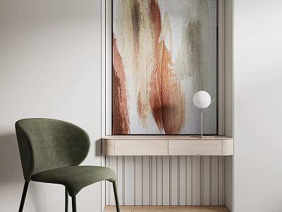 Stylish Room Corner With Green Velvet Chair Abstract Painting Console Table And Spherical Lamp 3d model