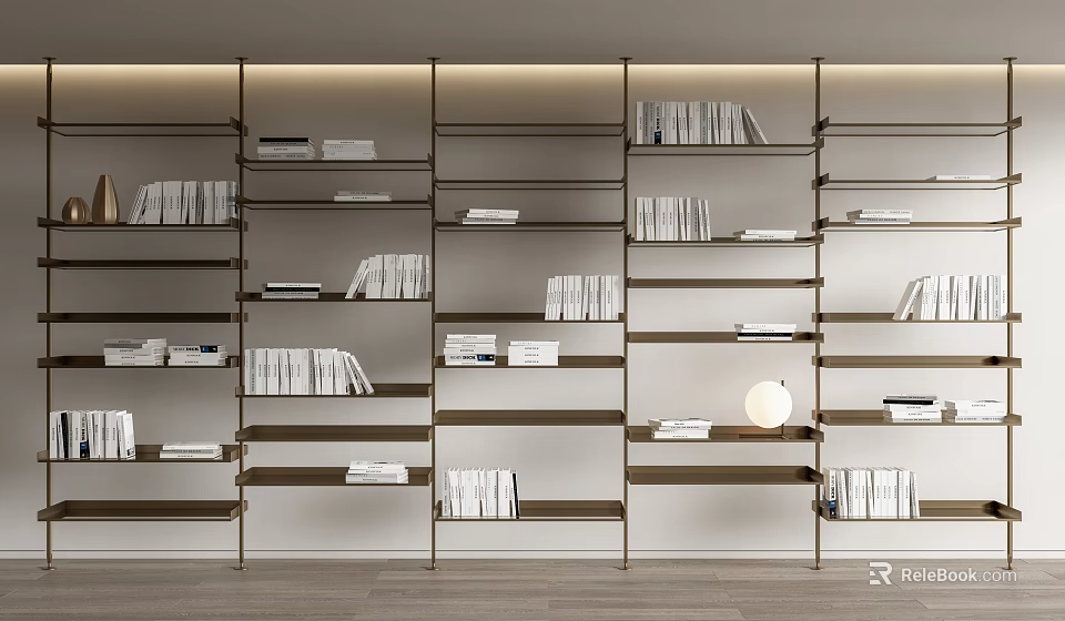 Modern Open Bookcase With Brass Frame Multiple Shelves And Arranged Books 3d model 