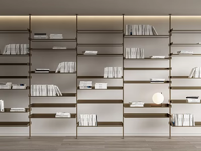 Modern Open Bookcase With Brass Frame Multiple Shelves And Arranged Books 3d model