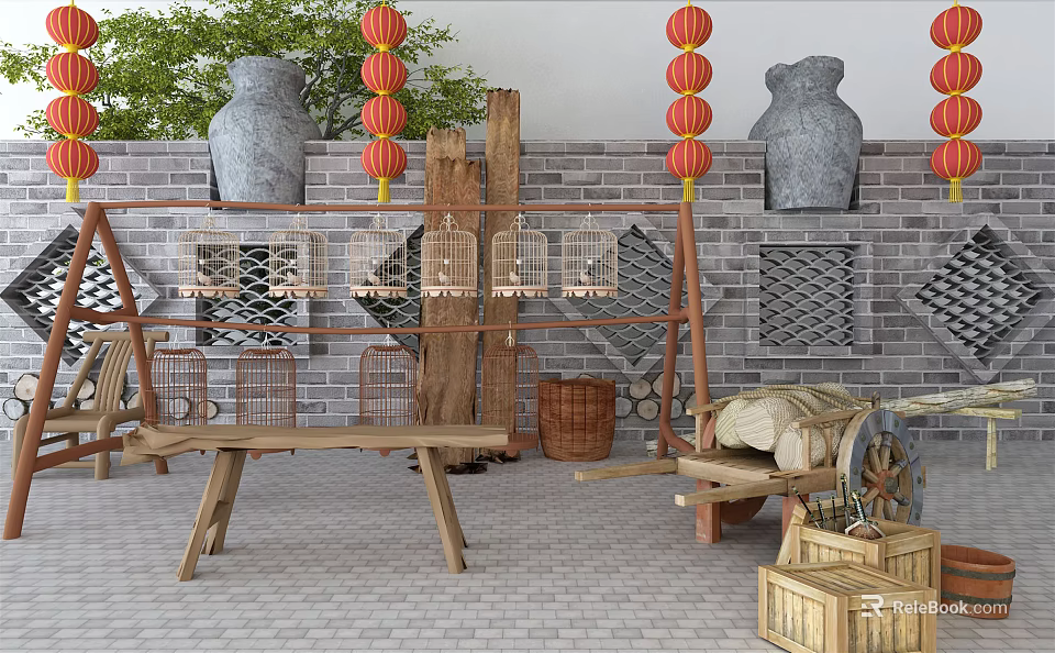 Traditional Garden Ornaments With Stone Lion Statues Red Lanterns Bamboo Racks Birdcages And Brick Wall 3d model 