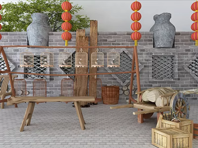 Traditional Garden Ornaments With Stone Lion Statues Red Lanterns Bamboo Racks Birdcages And Brick Wall 3d model