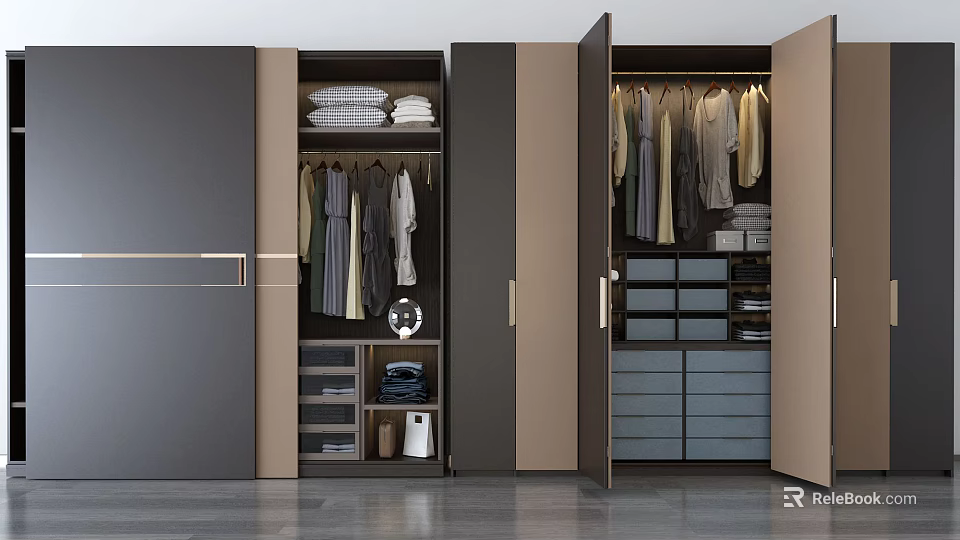 Modern Wardrobe With Open Doors Hanging Folded Clothes Drawers And Storage Compartments 3d model 