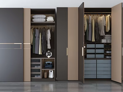 Modern Wardrobe With Open Doors Hanging Folded Clothes Drawers And Storage Compartments 3d model