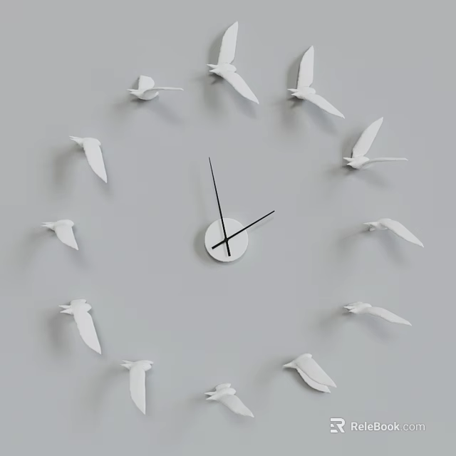 Unique Decorative Wall Clock With White Bird Shaped Decorations On Gray Wall 3d model 