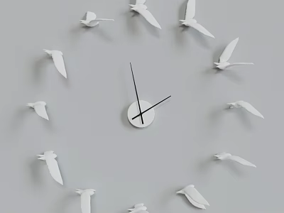 Unique Decorative Wall Clock With White Bird Shaped Decorations On Gray Wall 3d model