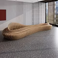 Modern Wavy Wooden Landscape Seat In Contemporary Interior With Gray Wall And Red Accent