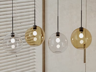 Four Spherical Pendant Lights Transparent And Gold Hanging With Blinds And Light Colored Walls 3d model