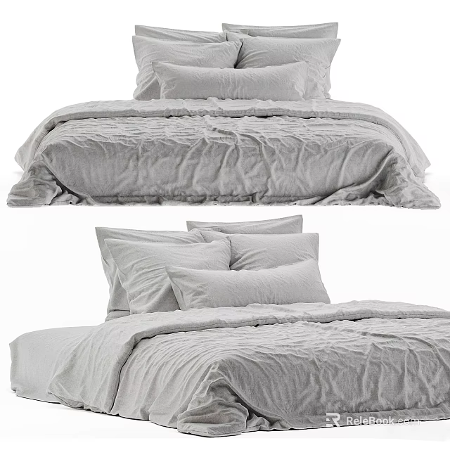 Double Bed Featuring Soft Linen Quilt Stacked Pillows And Neat Bedding Arrangement In Modern Style 3d model 