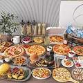 Assorted Delicious Takeout Food Spread with Pizzas Hamburgers Salads Onion Rings and Drinks