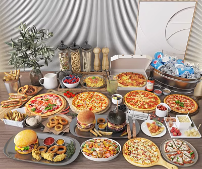 Assorted Delicious Takeout Food Spread with Pizzas Hamburgers Salads Onion Rings and Drinks 3d model