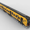 Detailed Yellow Brick Toy Train Model With Multiple Carriages On Tracks 3d model