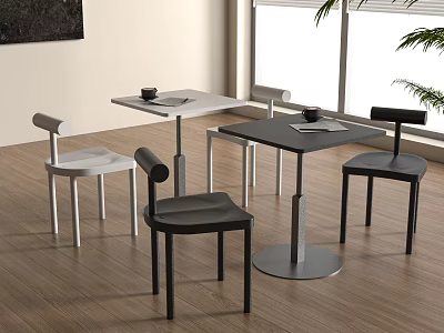 Modern Dining Tables With White And Black Chairs In Interior On Wooden Floor 3d model