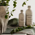 Daily Washing Products Organized Shelf Display With Bottles Jars Towels And Potted Plants