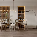 Modern Dining Room Interior With White Chairs Dining Table Wine Cabinets Wooden Flooring And Chandelier