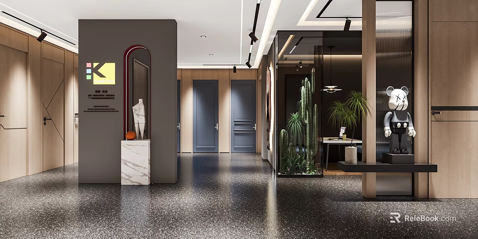 Modern Elegant Entrance Hall With Gray Walls Glass Partitions Cactus Sculpture And Metal Elements 3d model 