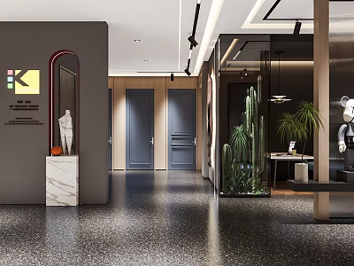 Modern Elegant Entrance Hall With Gray Walls Glass Partitions Cactus Sculpture And Metal Elements 3d model