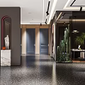 Modern Elegant Entrance Hall With Gray Walls Glass Partitions Cactus Sculpture And Metal Elements