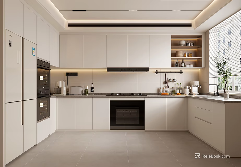 Modern Kitchen Interior With White Cabinets Open Layout Island Counter And Appliances 3d model 