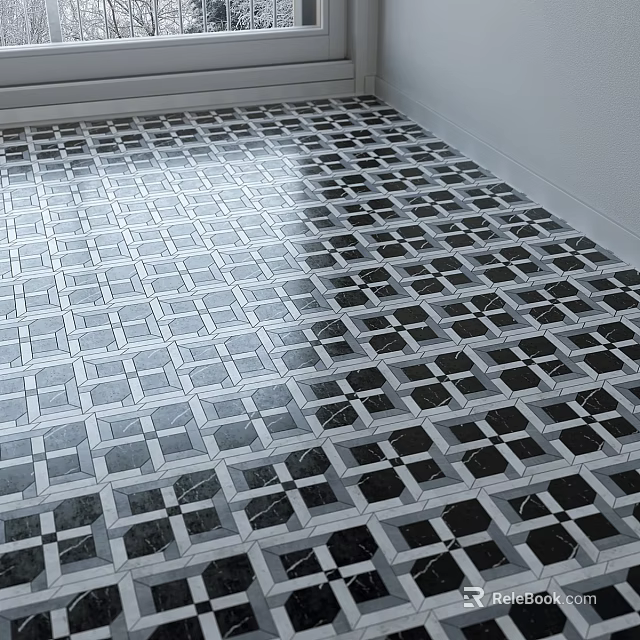 Black And White Geometric Pattern Floor Tiles With Marble Texture And Grid Design 3d model