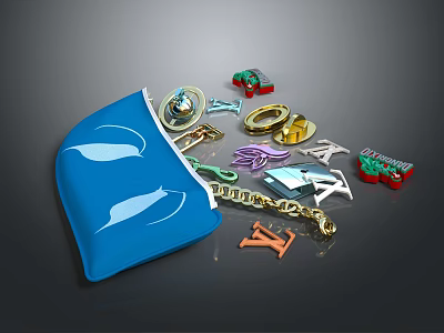 Colorful Metal Charms of Various Shapes Scattered from Blue Pouch with Chain 3d model