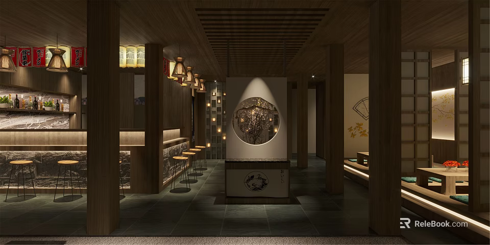 Traditional Japanese Restaurant Interior With Wooden Structure Hanging Lanterns Circular Decor Benches And Bar Stools 3d model 