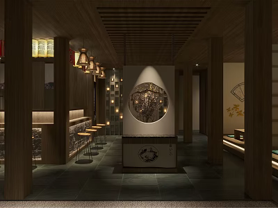 Traditional Japanese Restaurant Interior With Wooden Structure Hanging Lanterns Circular Decor Benches And Bar Stools 3d model