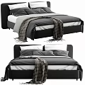 Gray Upholstered Double Bed With Plaid Blanket Pillows And Bedding 3d model