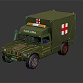 Military Green Ambulance Vehicle With Red Cross Markings And Warning Lights