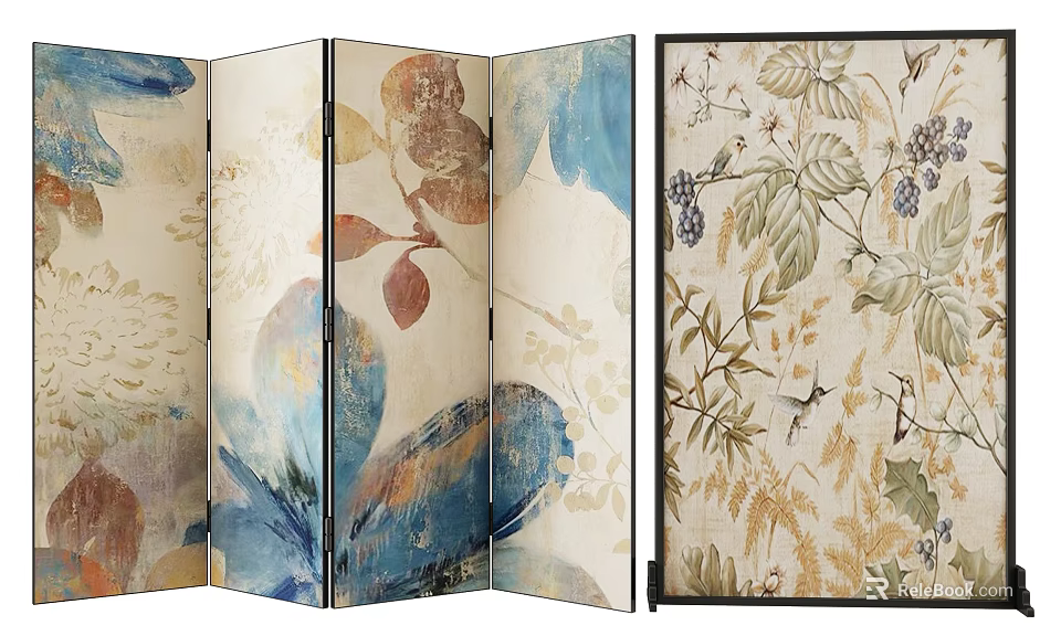 Decorative Folding Screen With Floral Patterns Blue Leaves Beige Background And Green Vines 3d model 