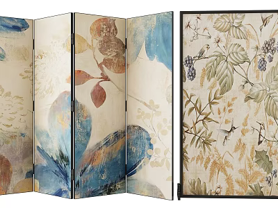 Decorative Folding Screen With Floral Patterns Blue Leaves Beige Background And Green Vines 3d model