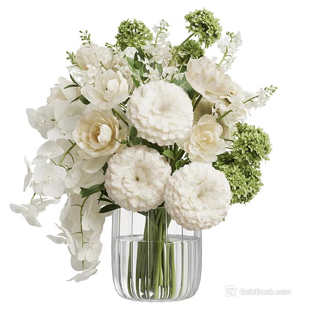 Fresh White Flower Arrangement in Clear Glass Vase with Green Foliage Decor 3d model 